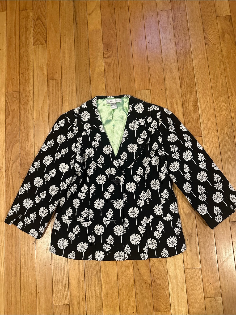 Marisa Christina Black Blazer with White Floral Print and Light Green Lining